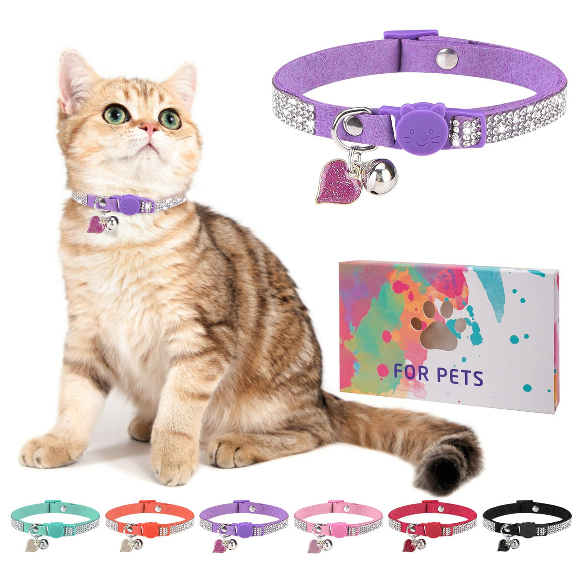 Rhinestone Cat Collar Breakaway, Bling Sparkly Diamond, 2 Pack