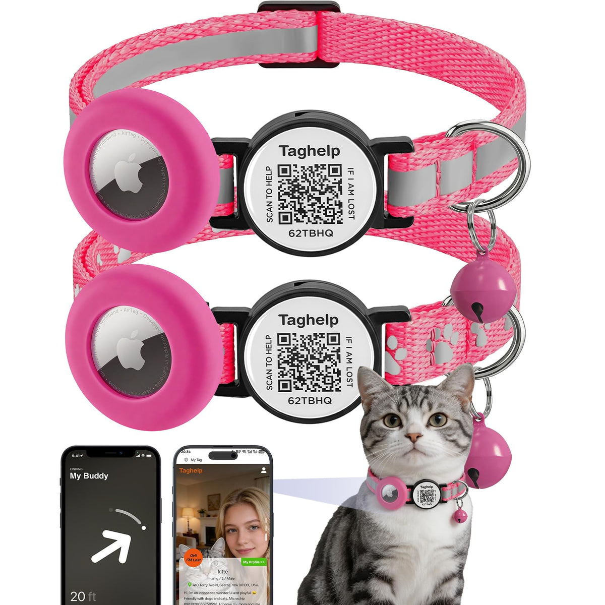 2 Pack Airtag Cat Collar, Breakaway Cat Airtag with Smart ID tag & QR Code Reflective (Moon Stars - Black & Pink, with Integrated AirTag Holder)