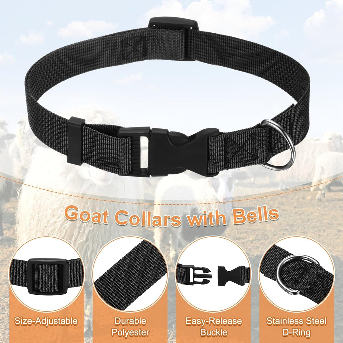 M METERXITY 6-Pack Goat Collars with Bells, 13.8"-20.5" Polyester Adjustable Pet Collar with Anti-Lost Grazing Copper Bell for Small Farm Animal/Sheep/Cow/Goat [Black]