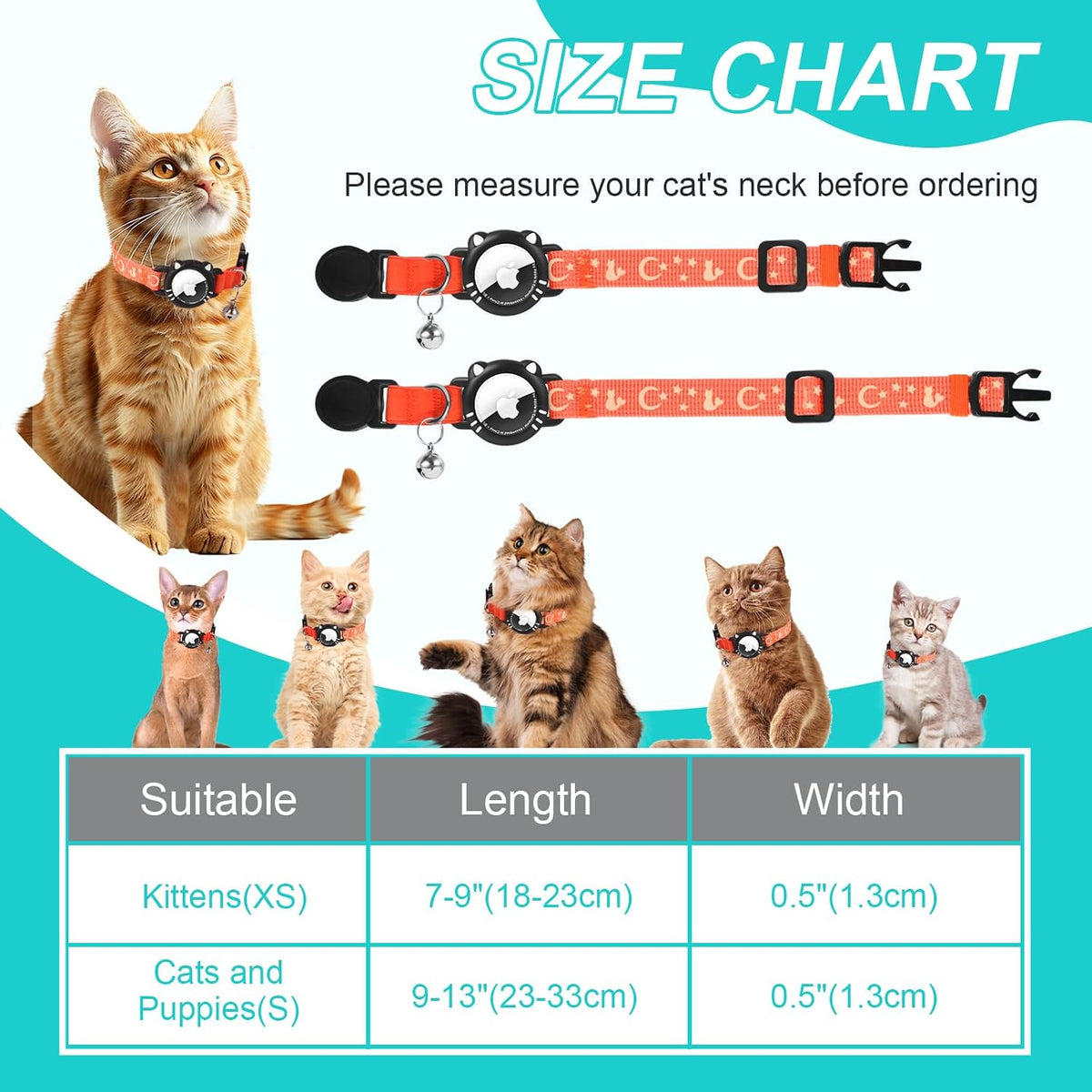 Reflective Breakaway Cat Collar with Airtag Holder and Bell, Orang, S