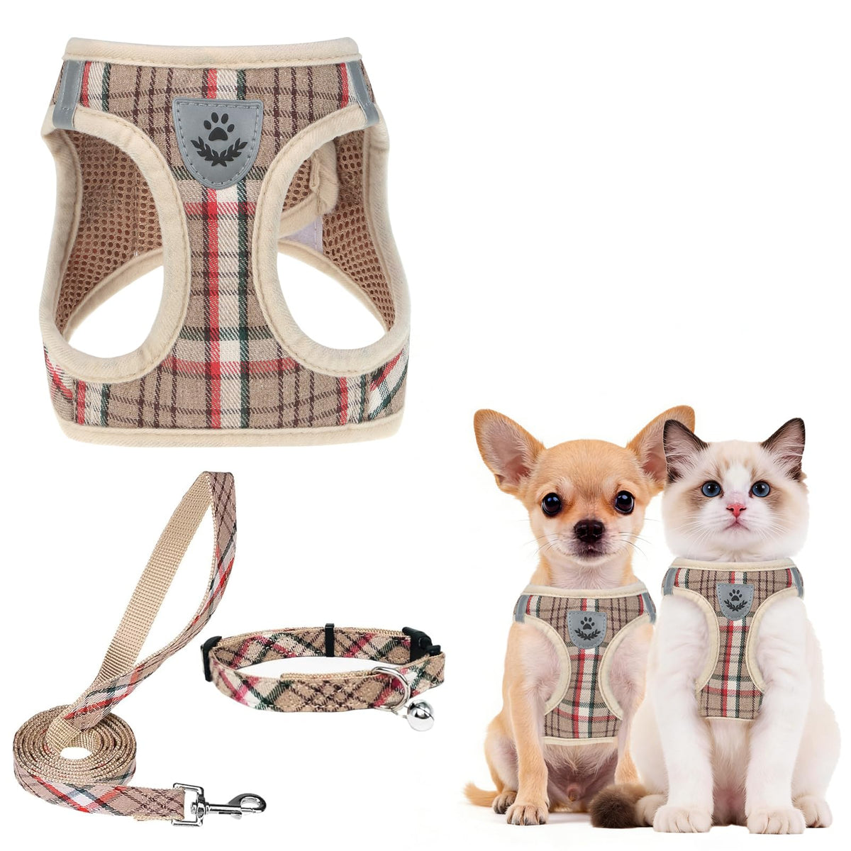 PUPTECK Adjustable Pet Harness Collar &Leash Set Step in for Small Dogs Puppy &Cats Outdoor Training &Running, Soft Mesh Padded Reflective Vest Harness,M: Chest girth: 16-18in Collar: 11.8-15.7in