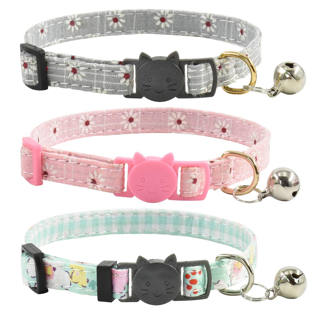 Breakaway Cat Collars with Bell, Set of 3, Durable & Safe Cute Kitten Collars Safety Adjustable Kitty Collar for Cat Puppy 7.5-11in (Plaid-2)