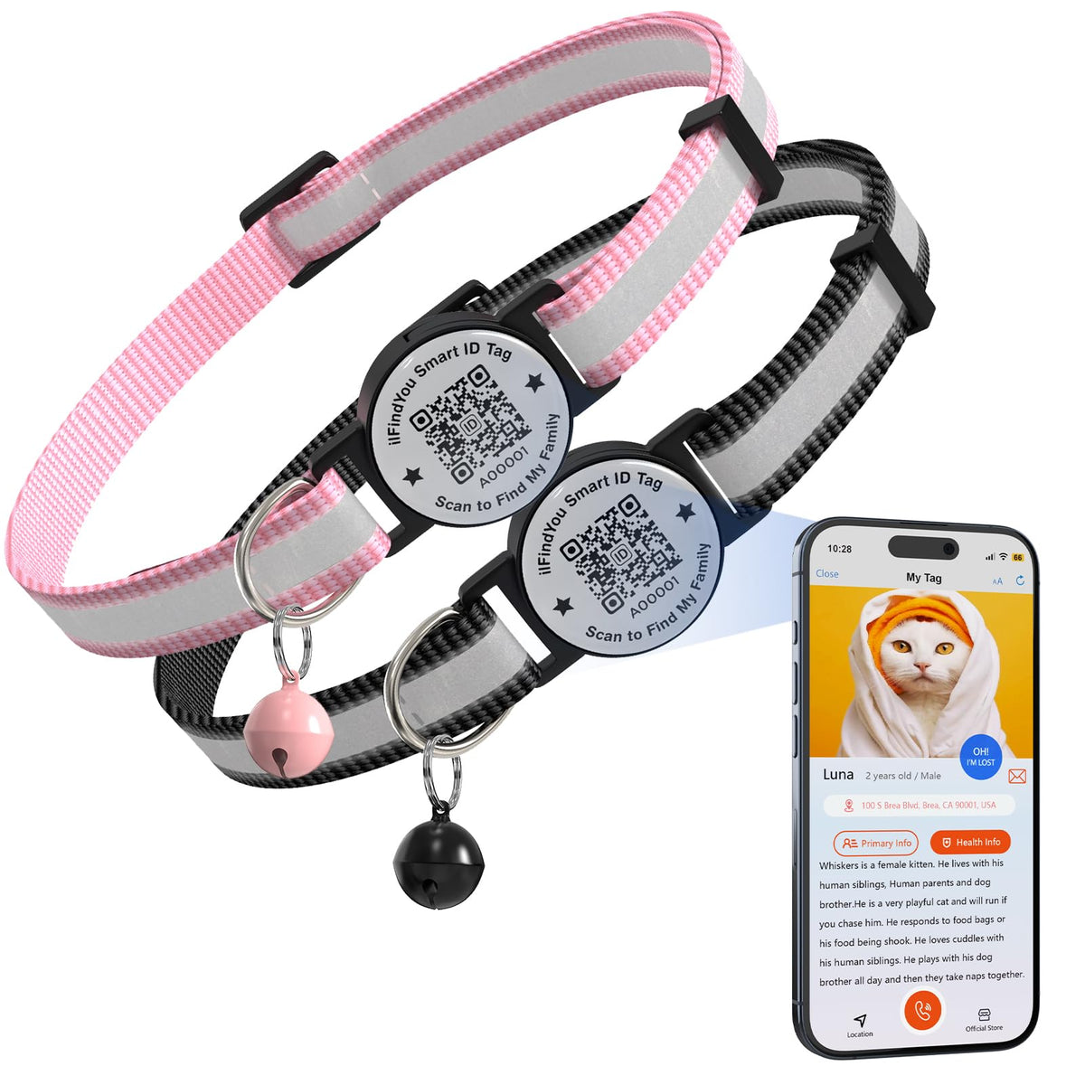 Cat Collar Breakaway QR Code, Reflective cat Collar with Bells, 3-Pack