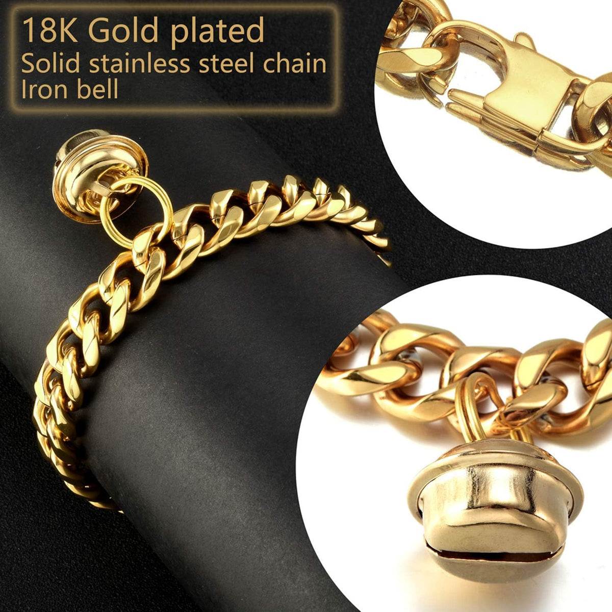 18K Gold Cat Dog Collar Kitten Puppy 1/2inch Wide Stainless Steel Kitten Choker Curb Chew Proof Cuban Link Chain with Gold Bell(Neck Fit 8"-10")
