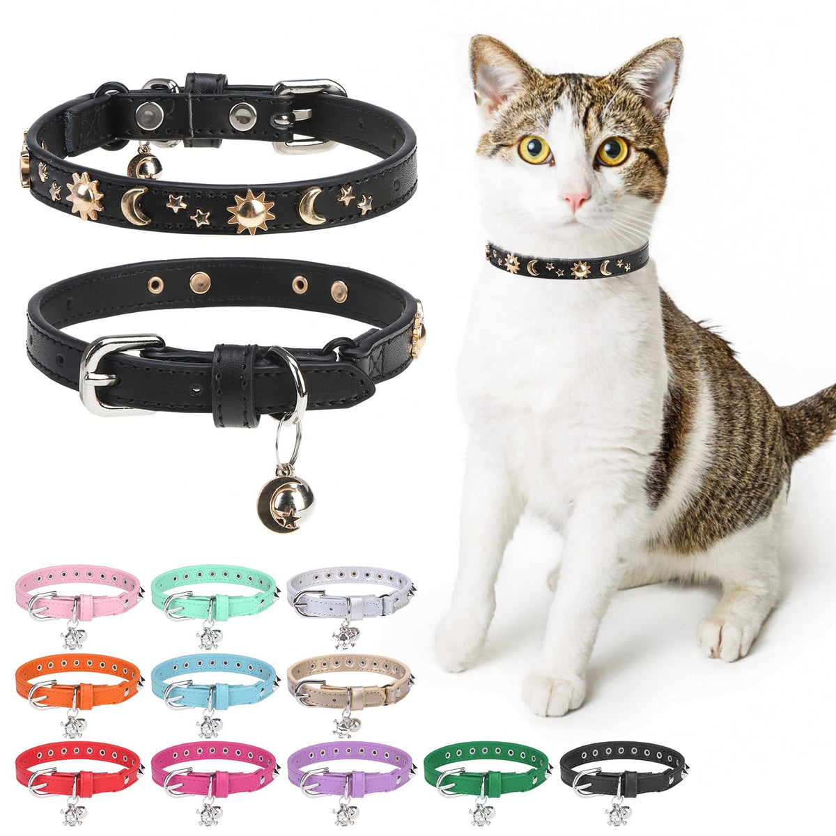 Leather Cat Collar, Breakaway Kitten Collars with Bell, Golden