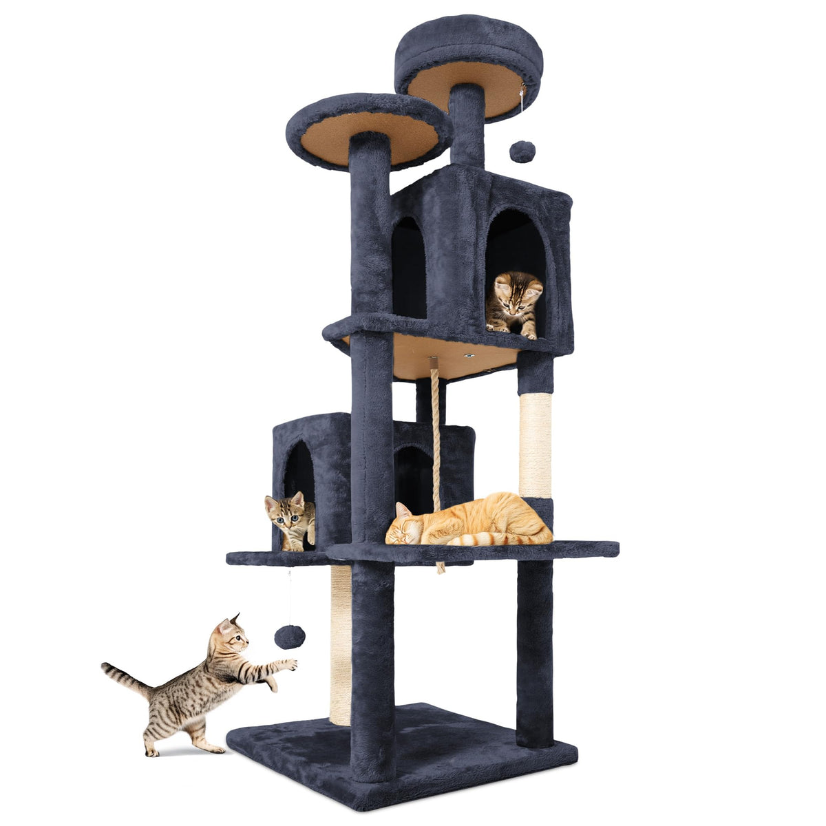 58.5inch Large Cat Tree Tower Condo for Indoor Cats, Soft Plush Multi-Level Climbing Tree Cat House with Cat Cave, Scratching Post, More Entrance/Exit, Sisal Rope, Grey Black