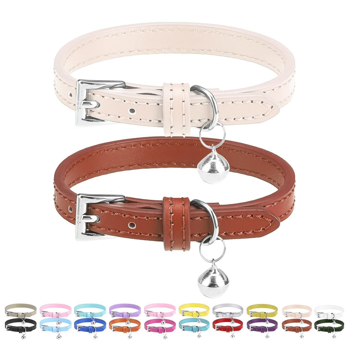 PUPTECK 2 PCS Soft Genuine Leather Cat Kitten Collar with Bells Adjustable for Girl Boy Cats Puppy - Yellow, Teal