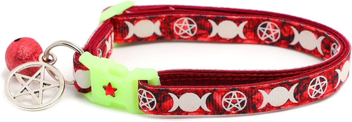 Wicca Cat Collar with Occult Charm & Bell | Witch's Familiar Cat Collar | Witch Kitten Collar Charms | Glow in The Dark | Safety Breakaway Collar (Small, Black)