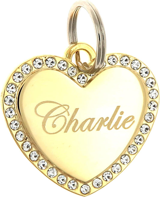 Custom Engraved Personalized Gold-Plated Medium Heart Rhinestones Pet Jewelry ID Tag for Casual Use