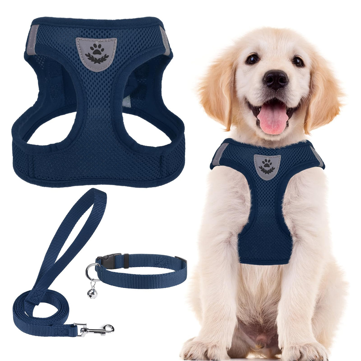 PUPTECK Adjustable Pet Harness Collar &Leash Set Step in for Small Dogs Puppy &Cats Outdoor Training &Running, Soft Mesh Padded Reflective Vest Harness,M: Chest girth: 16-18in Collar: 11.8-15.7in