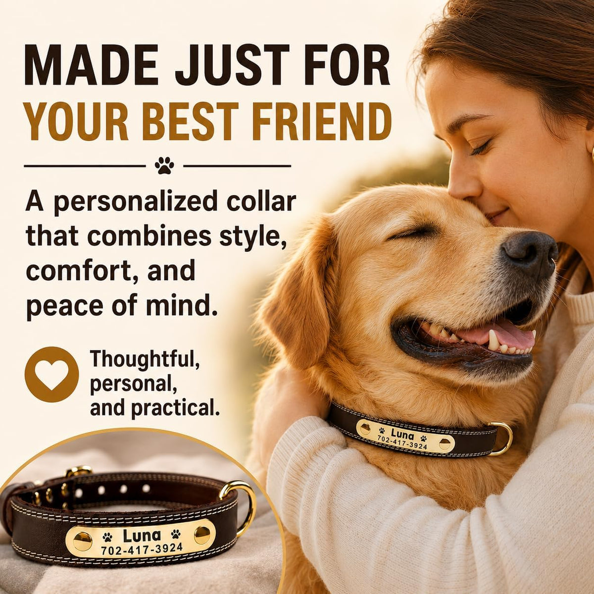 Personalized Dog Collar - Custom Leather Dog Collar with Engravable Nameplate - Durable Name Tag Collar - Customizable Dog Collar - Comfortable ID Collars for Small, Medium, Large Dogs (Medium)