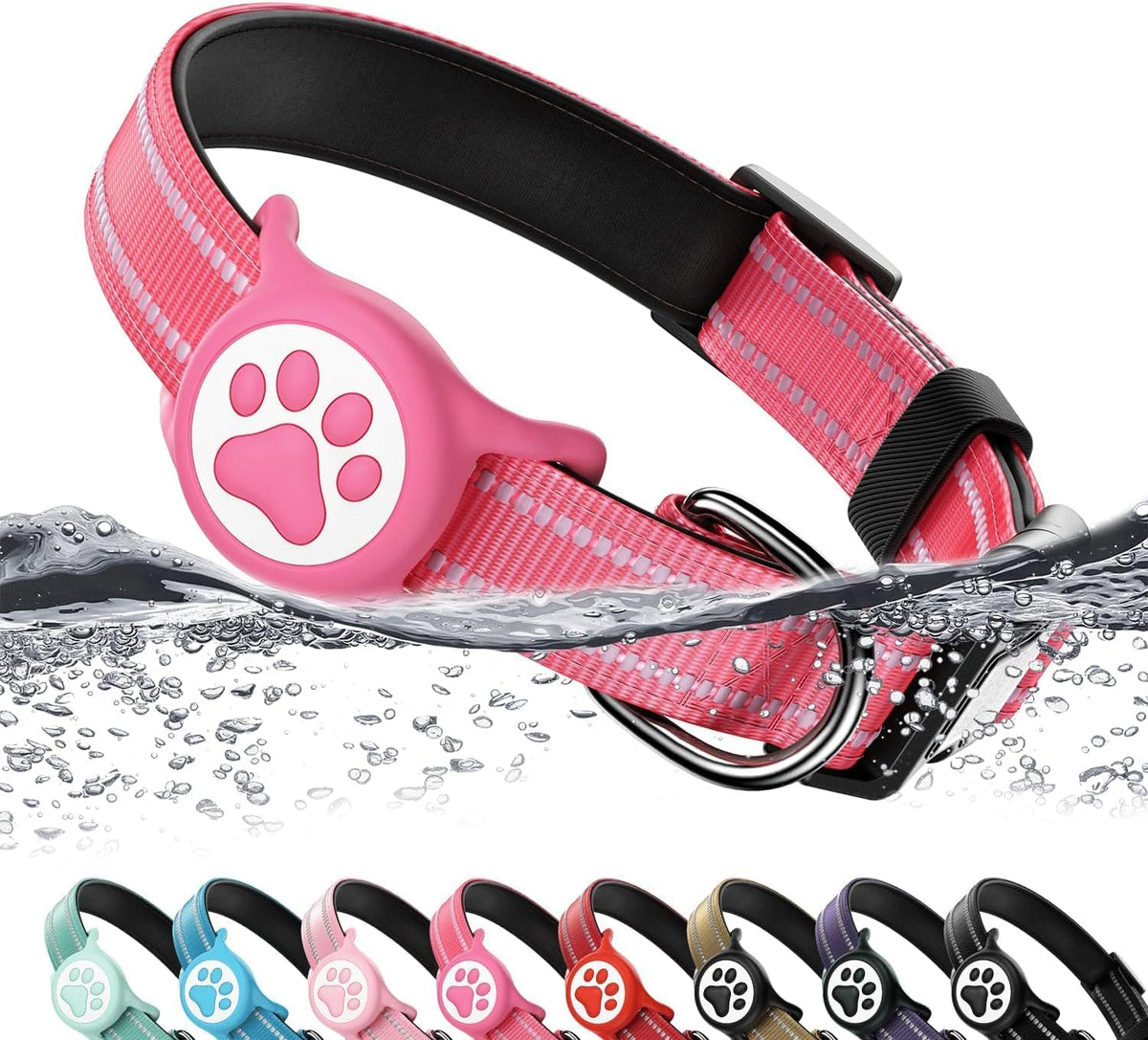 Premium Airtag Dog Collar，with IP68 Waterproof AirTag Holder,Pink,S