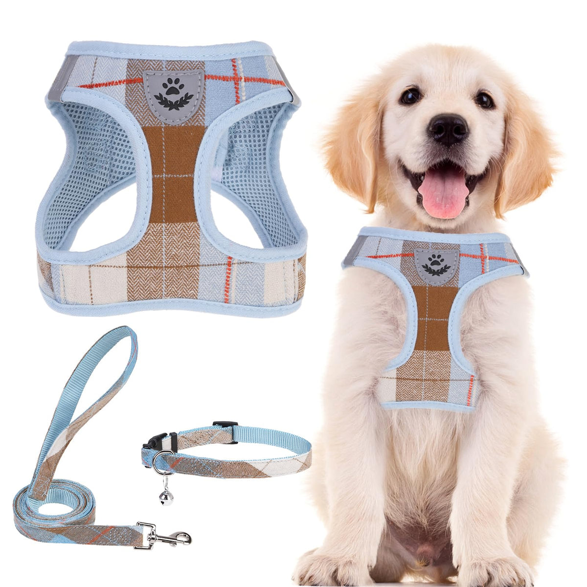 PUPTECK Adjustable Pet Harness Collar &Leash Set Step in for Small Dogs Puppy &Cats Outdoor Training &Running, Soft Mesh Padded Reflective Vest Harness,M: Chest girth: 16-18in Collar: 11.8-15.7in
