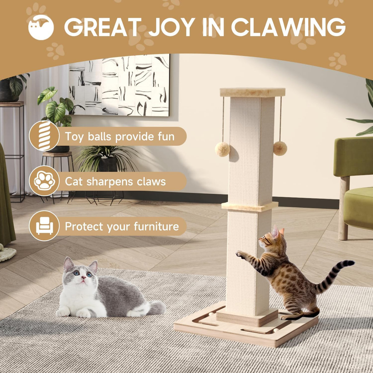 32" Large Cat Scratching Post with Tracking Interactive Toys for Cats