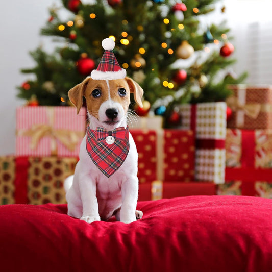ADOGGYGO Christmas Dog Bandana Hat Bow Tie Set - Stylish Red Plaid Puppy Christmas Hat Scarf Costume Outfit for Small Dogs Pets (Small)