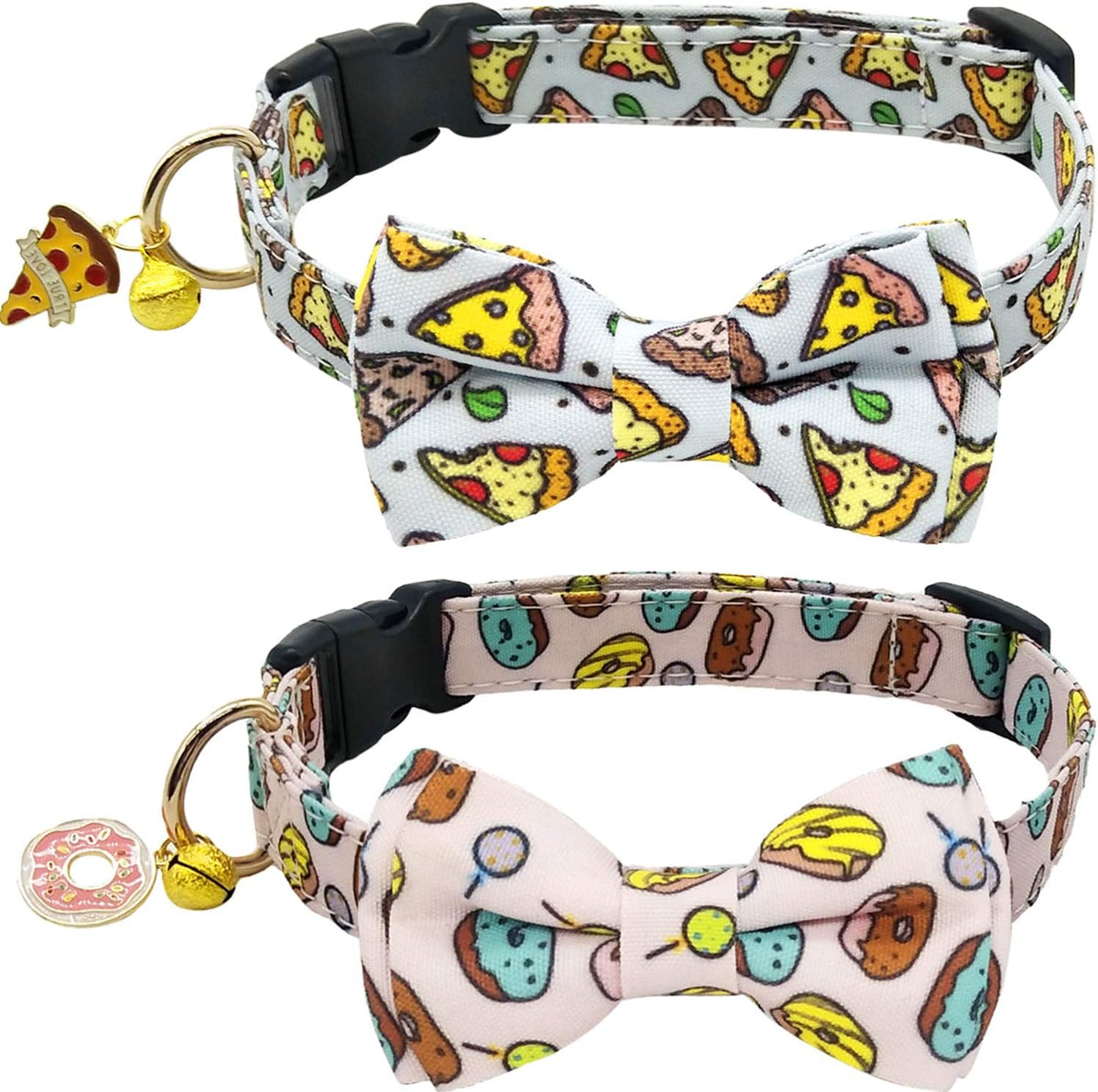 2 Pack Print Dog Collars with Bow Tie, Adjustable Dog Collar with Bells and Charm Safety Buckle Cute Pet Collars for Small/Medium/Large Dogs and Cats Boys Girls