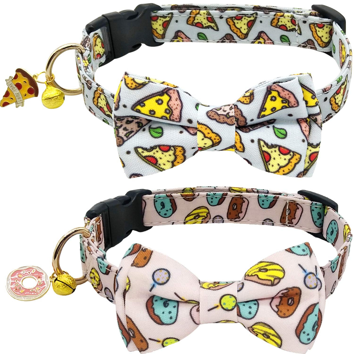 2 Pack Print Dog Collars with Bow Tie, Adjustable Dog Collar with Bells and Charm Safety Buckle Cute Pet Collars for Small/Medium/Large Dogs and Cats Boys Girls