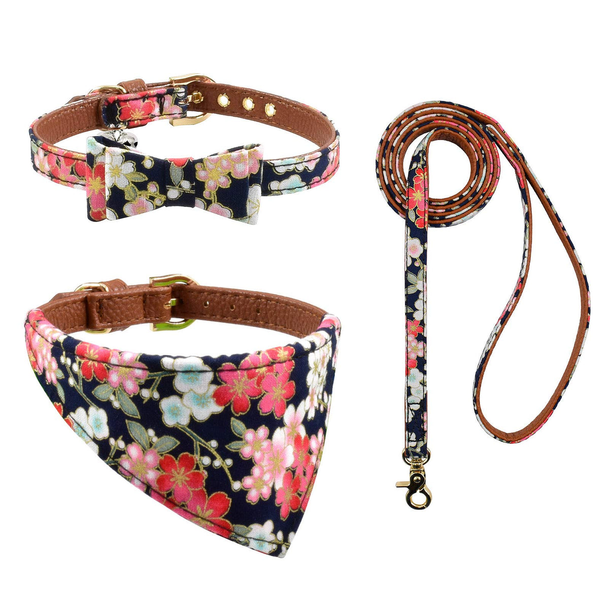 3PCS Bow Tie Dog Collar and Leash Set Plaid/Camo/Dots/Flower Dog Bandanas with Bell 3 Size Adjustable for Small Dogs Puppies and Cats (XS, Orange Plaid)