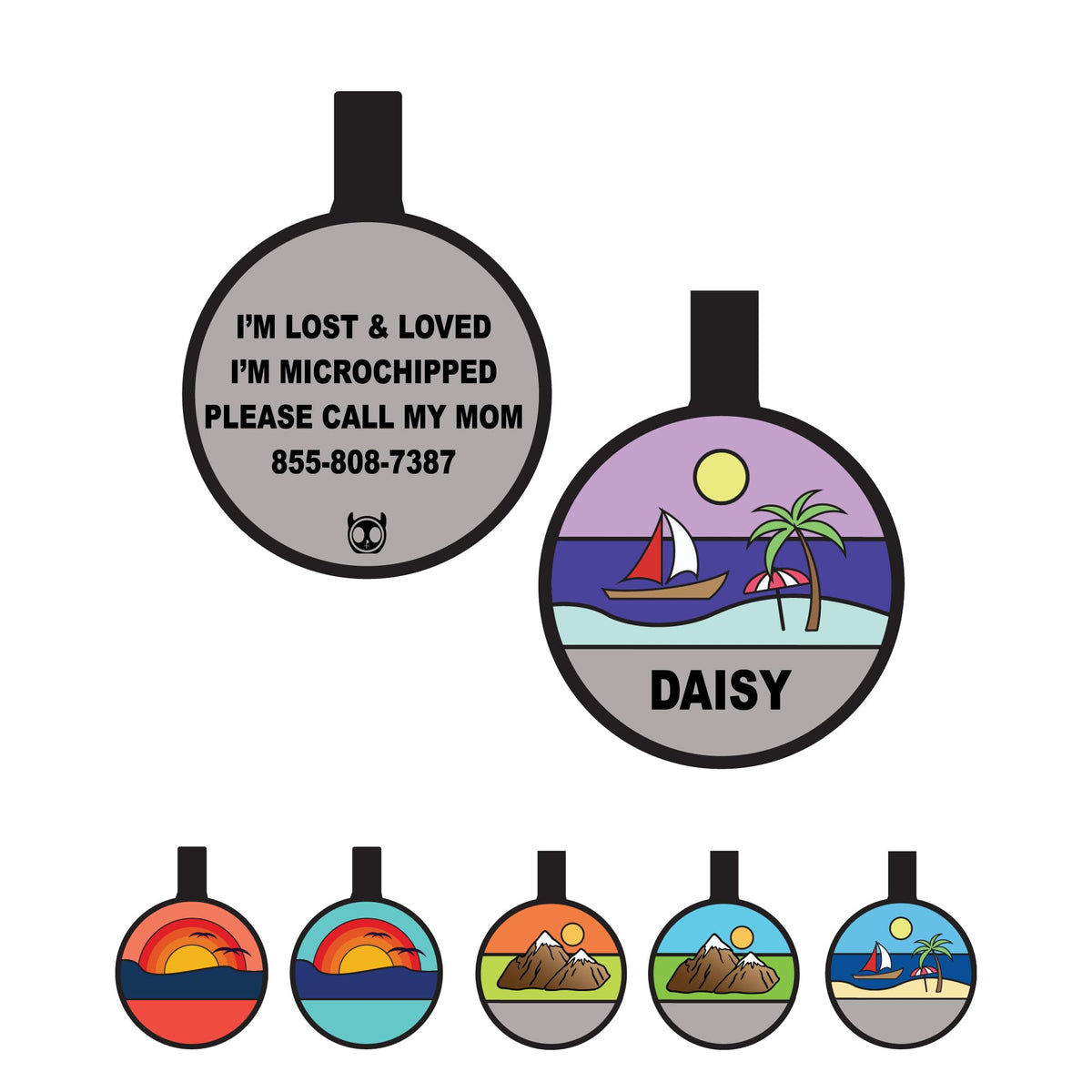 Silent Dog Tag Personalized with 5 Lines of Custom Deep Engraved Durable Soundless Silicone Pet ID Name Tag Round Sunset Tiffany