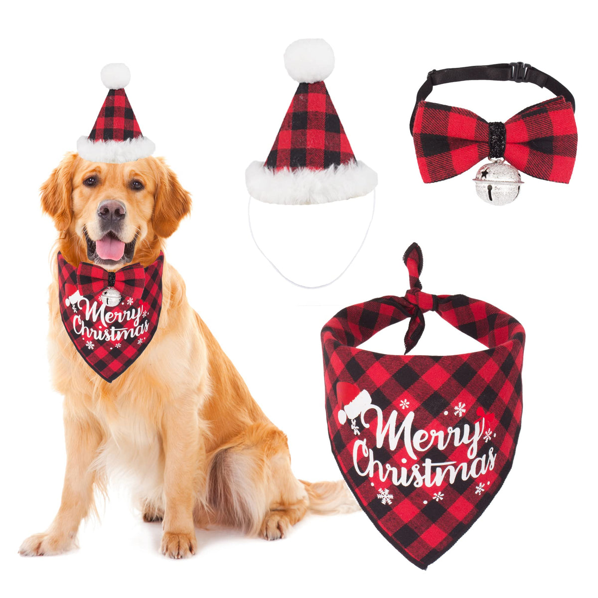 ADOGGYGO Christmas Dog Bandana Hat Bow Tie Set - Stylish Red Plaid Puppy Christmas Hat Scarf Costume Outfit for Small Dogs Pets (Small)