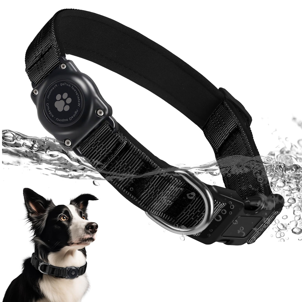 Upgrade Dog Collar with AirTag Holder, IP68 Waterproof, Black, S