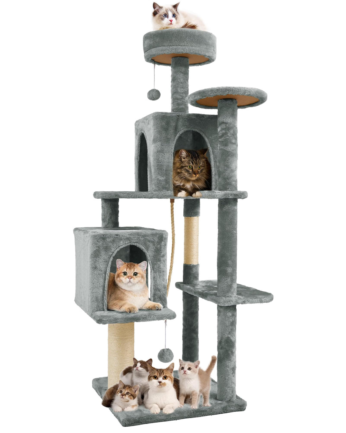 58.5inch Large Cat Tree Tower Condo for Indoor Cats, Soft Plush Multi-Level Climbing Tree Cat House with Cat Cave, Scratching Post, More Entrance/Exit, Sisal Rope, Grey Black
