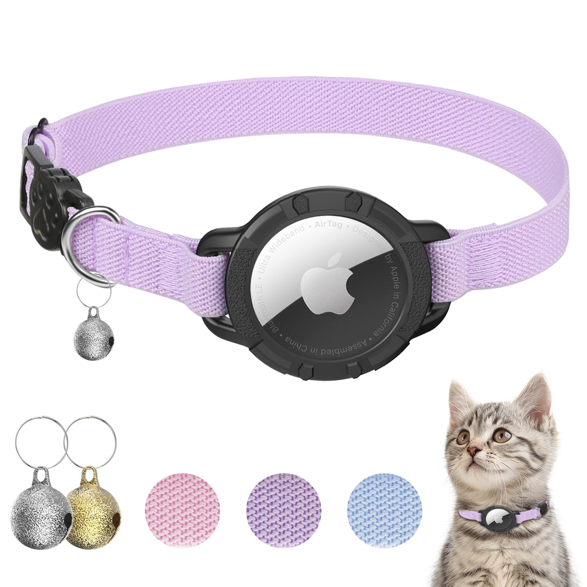 AirTag Cat Collars, Stretchy Collar with AirTag Holder and Bell