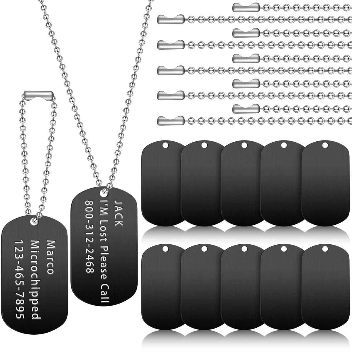 20 Pcs Military Dog Tags Set, 10 Army Blank Tags 10 Chains, Silver