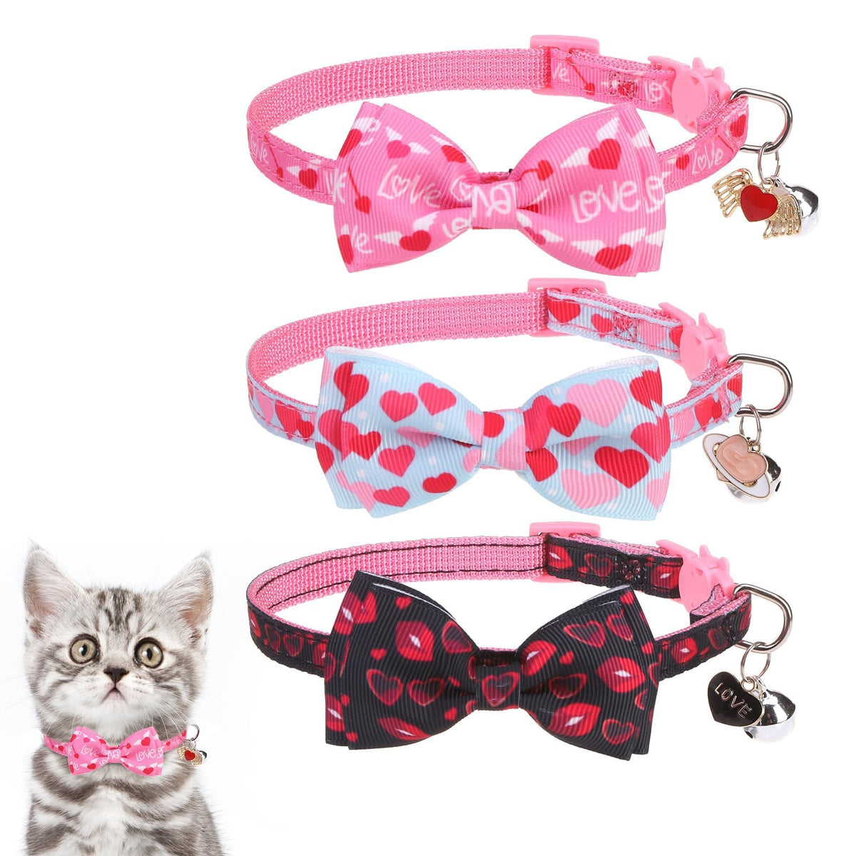 KOOLTAIL Glow in The Dark Cat Collar Breakaway with Bells,6 Pack Moonlight Cute Kitten Collars, Personalized Reflective Safety Buckle Stars&Moon Charm Pet Collars for Kitty Boys Girls, Pink Purple