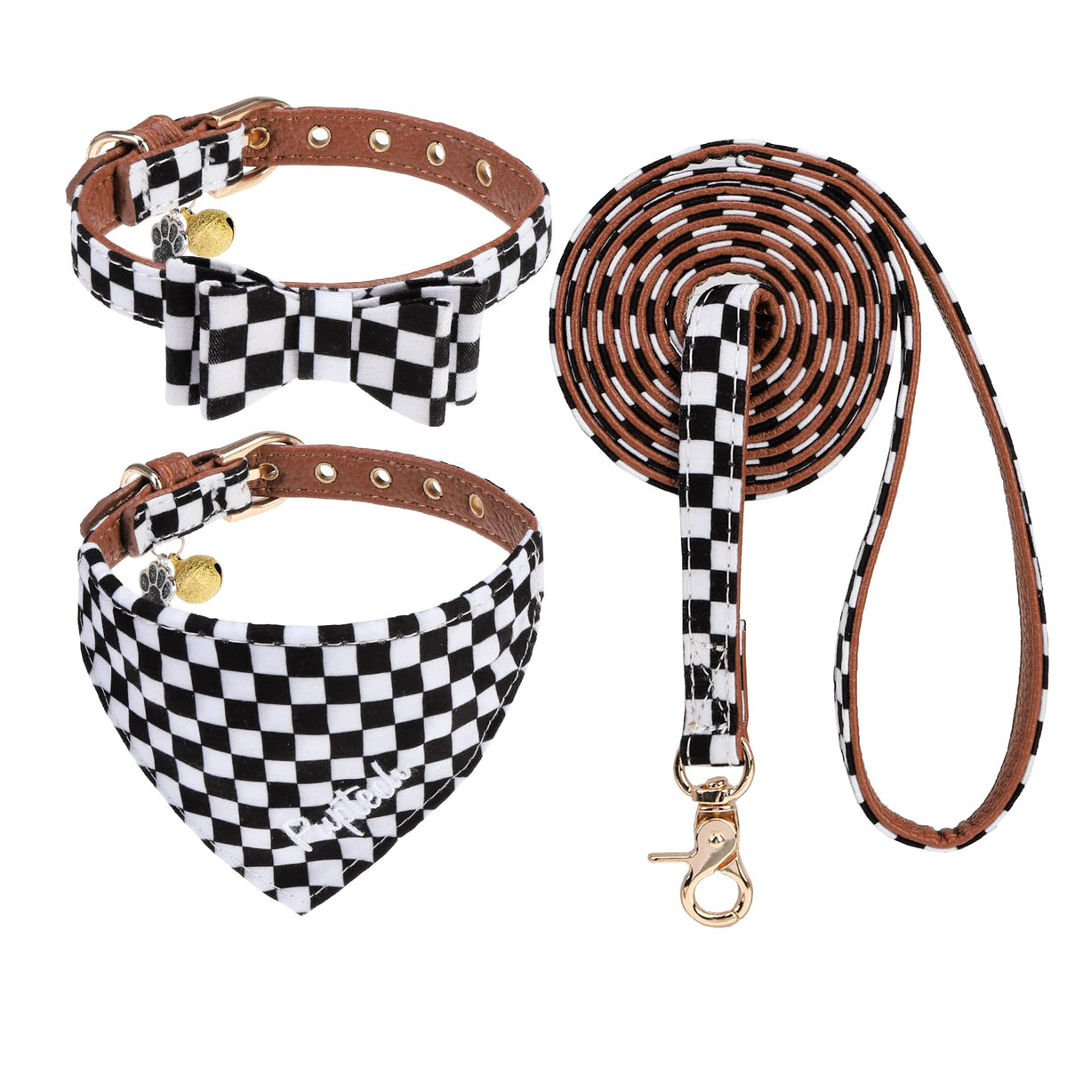 PUPTECK Halloween Dog Collar and Leash Set - 3 Pack Adjustable Pet Bandana Collars with Bow Tie and Bells, Soft Leather for Small Dogs Puppies and Cats Accessories, Orange Pumpkin
