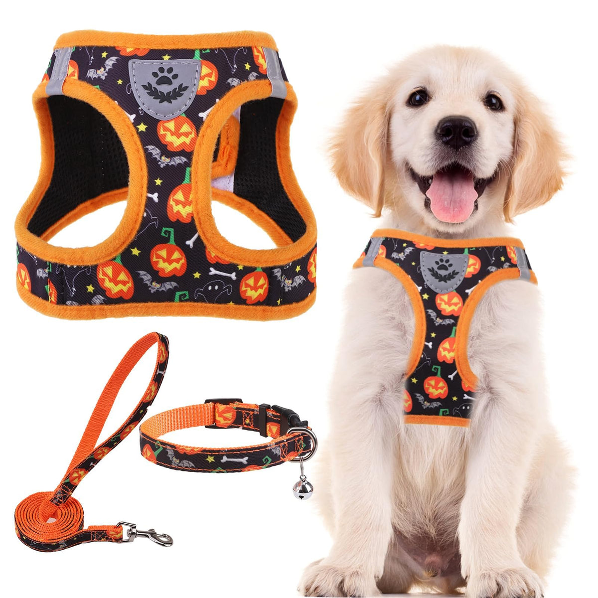 PUPTECK Adjustable Pet Harness Collar &Leash Set Step in for Small Dogs Puppy &Cats Outdoor Training &Running, Soft Mesh Padded Reflective Vest Harness,M: Chest girth: 16-18in Collar: 11.8-15.7in