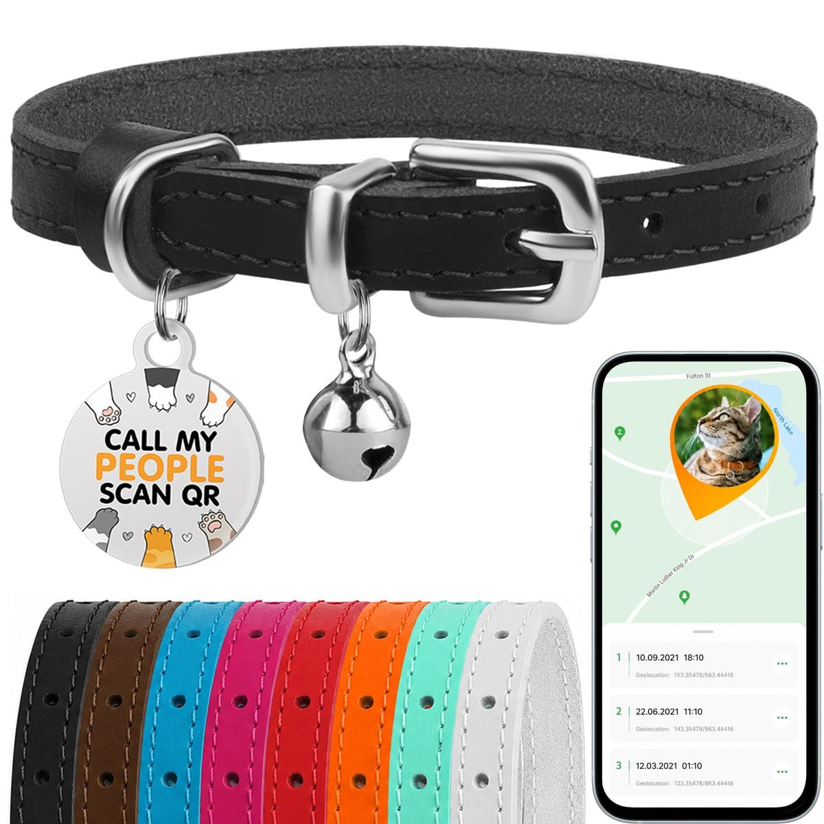 Leather Cat Collar, Removable Bells, QR Tag (9-12", Black & Gold)