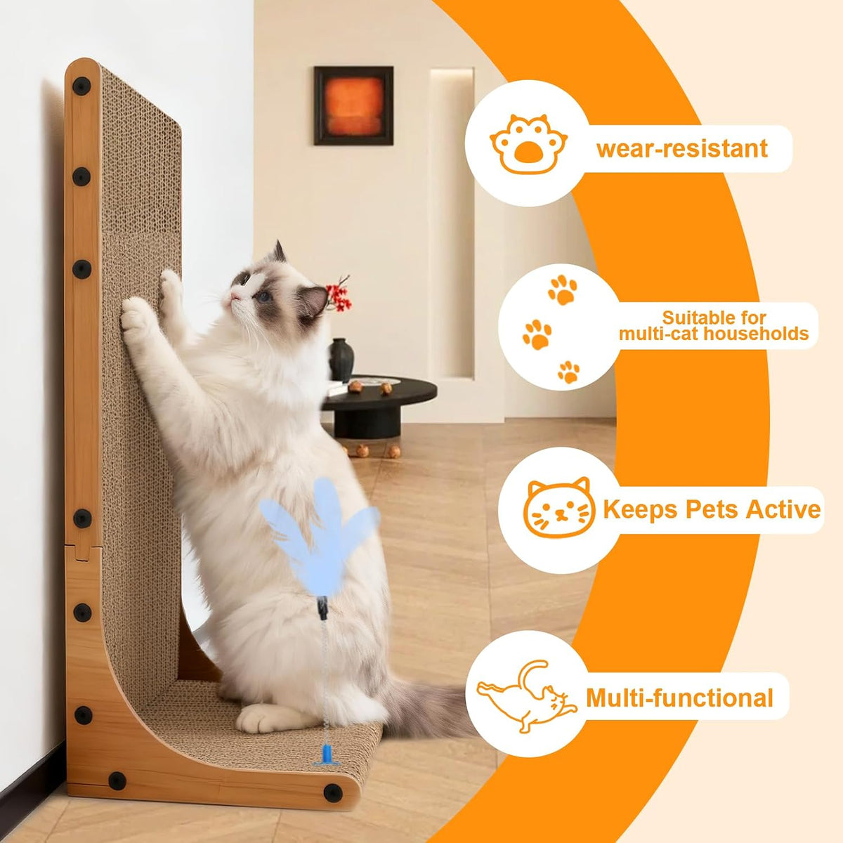 Goosheep Cat Scratching Post, 3-in1 Cat Scratcher for Indoor Cats, 2PK 22in L-Shaped Scratching Board with 1PK Cardboard Box Scratch Pad, Cats Scratch Furniture Protector with Feathered Toy