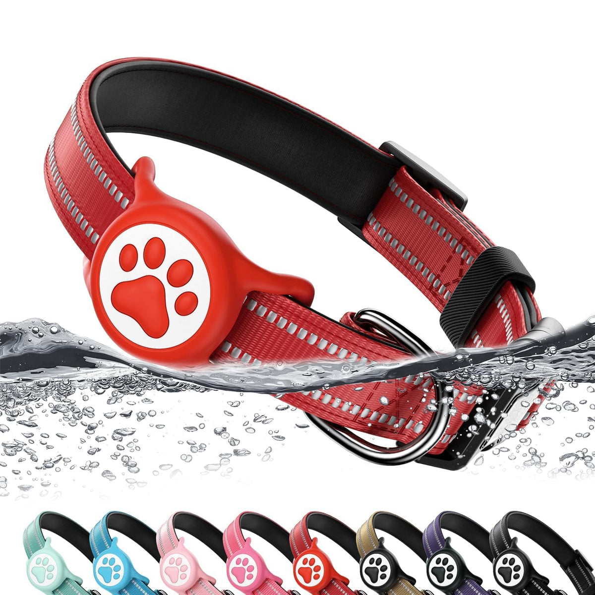 Premium Airtag Dog Collar，with IP68 Waterproof AirTag Holder,Pink,S
