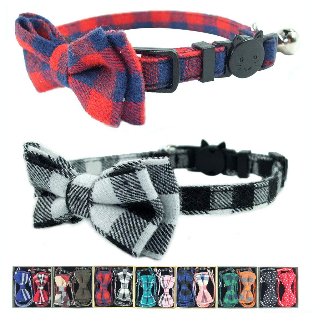 Cat Collar Breakaway with Bell and Bow Tie, Plaid Design Adjustable Safety Kitty Kitten Collars Set of 2 PCS (6.8-10.8in) (Green&Orange Plaid)