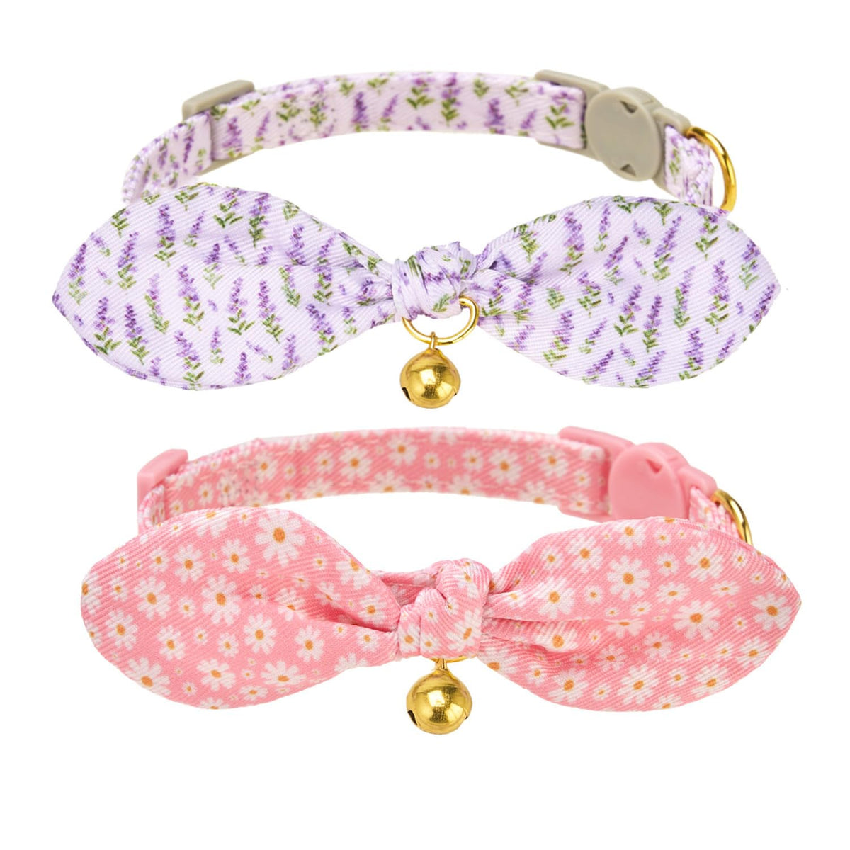 Bowtie Cat Collar with Bell, 2 Pack Cotton Breakaway Kitten Collars with Removeable Bow Stylish Cat Collars, Gradient Plaid & Polka Dot Blue