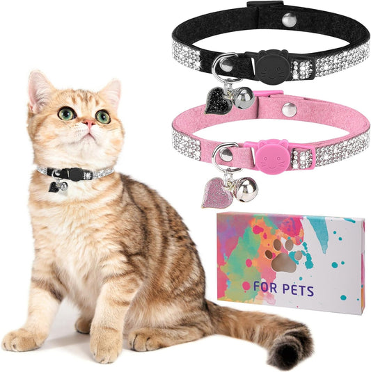 Rhinestone Cat Collar Breakaway, Bling Sparkly Diamond, 2 Pack