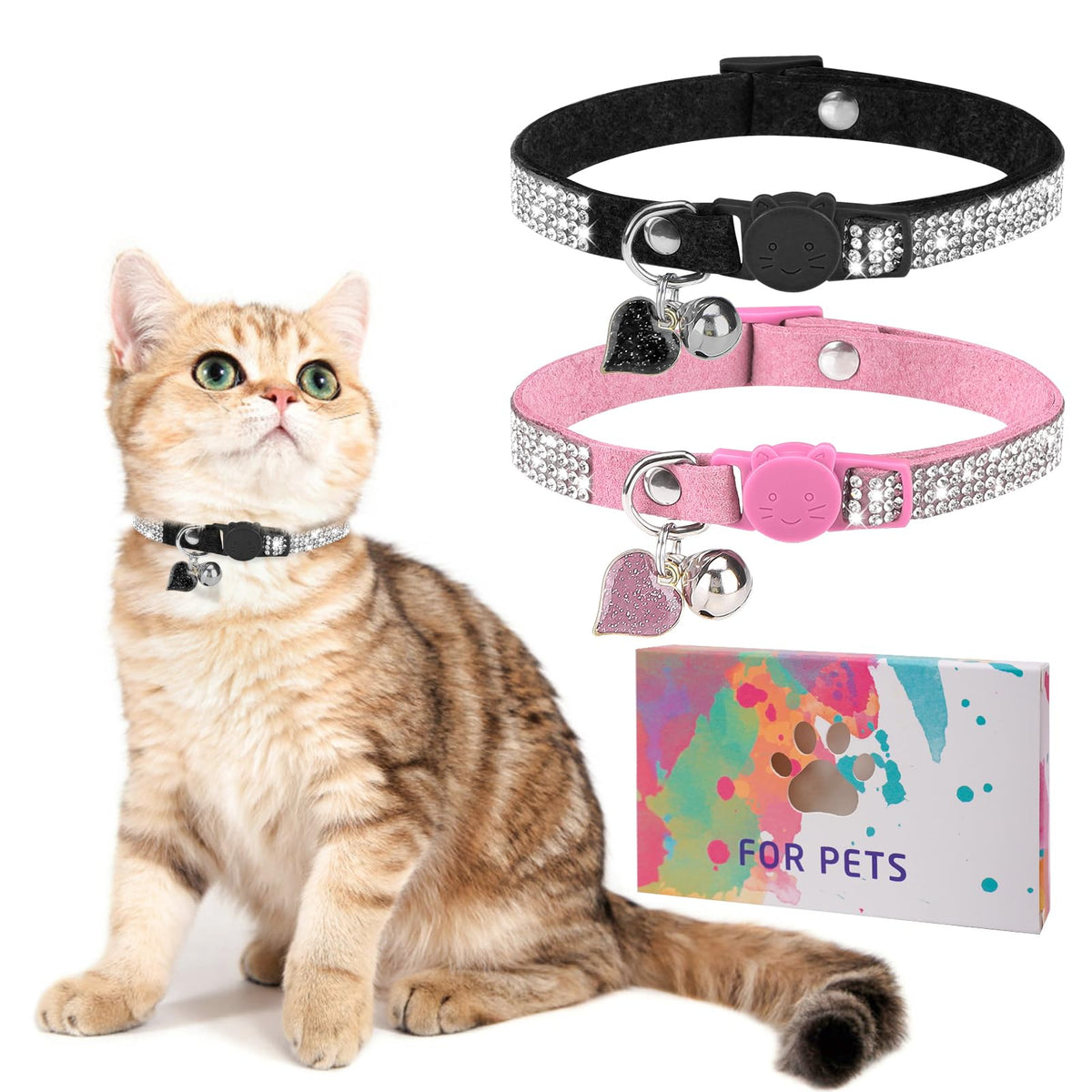 Rhinestone Cat Collar Breakaway, Bling Sparkly Diamond, 2 Pack