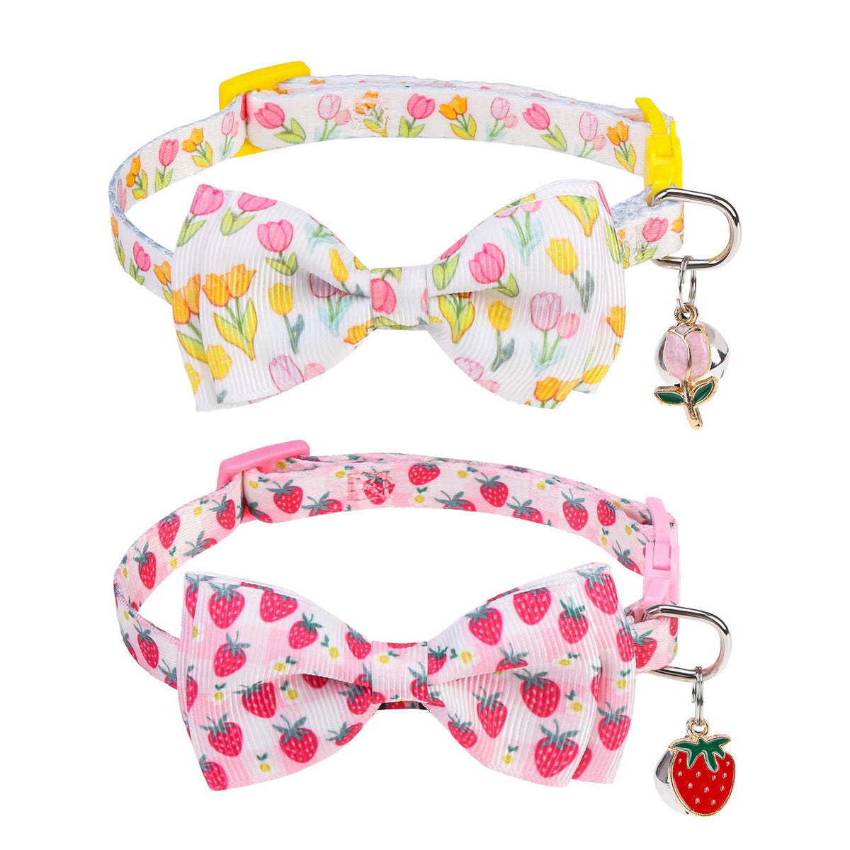 SCENEREAL Breakaway Cat Collar with Bell, 2 Pack Safety Adjustable Cat Collars with Pendant, Pink Personalised Puppy Kitten Collar with Bow for Spring Summer, Strawberry Daisy