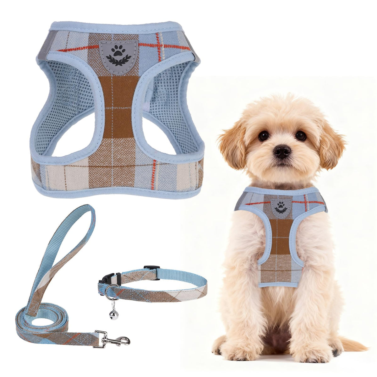 PUPTECK Adjustable Pet Harness Collar &Leash Set Step in for Small Dogs Puppy &Cats Outdoor Training &Running, Soft Mesh Padded Reflective Vest Harness,M: Chest girth: 16-18in Collar: 11.8-15.7in