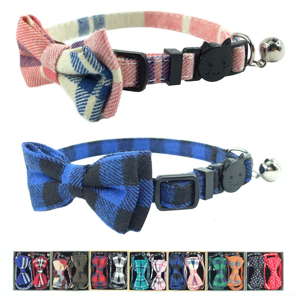 Cat Collar Breakaway with Bell and Bow Tie, Plaid Design Adjustable Safety Kitty Kitten Collars Set of 2 PCS (6.8-10.8in) (Green&Orange Plaid)