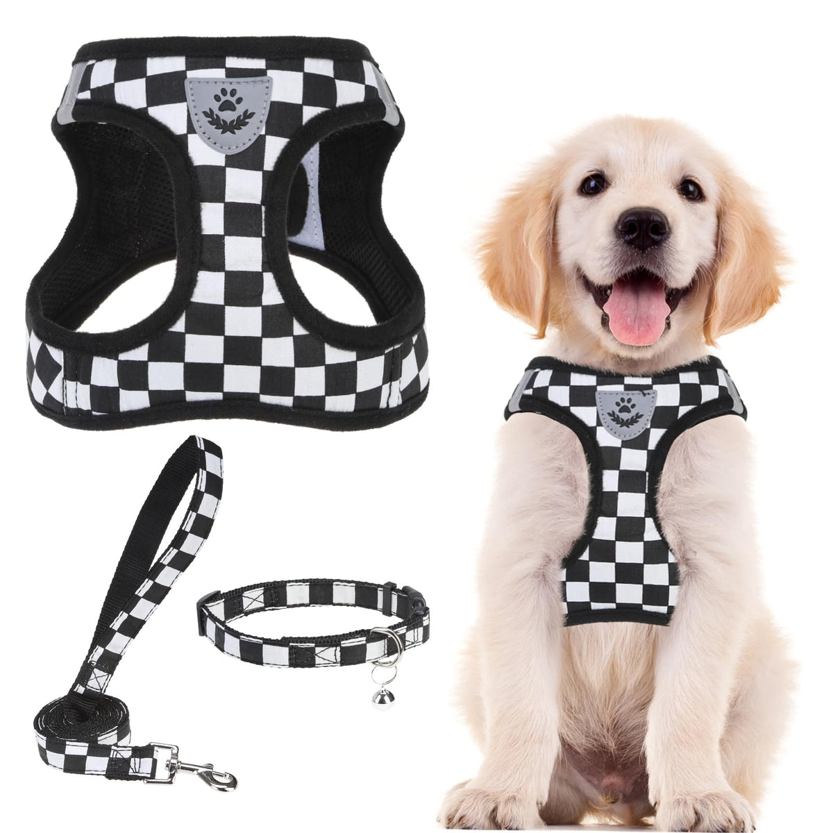 PUPTECK Adjustable Pet Harness Collar &Leash Set Step in for Small Dogs Puppy &Cats Outdoor Training &Running, Soft Mesh Padded Reflective Vest Harness,M: Chest girth: 16-18in Collar: 11.8-15.7in