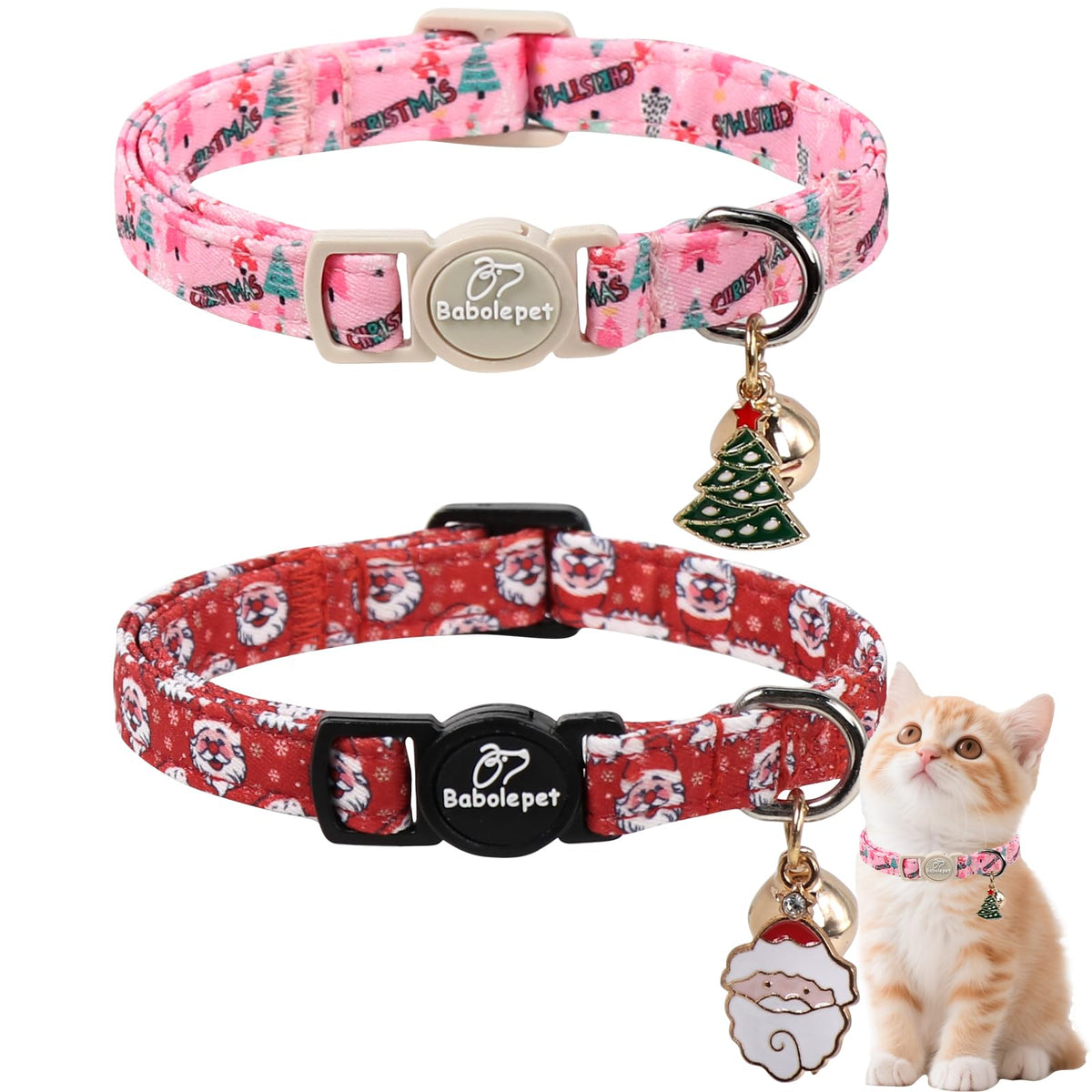 2 Pack Christmas Cat Collars - Breakaway Cat Collar with Bell, Christmas Tree and Reindeer Pendant, Winter Adjustable Kitten Collars for Girl Boy Cats, Pink Santa &Fair Isle