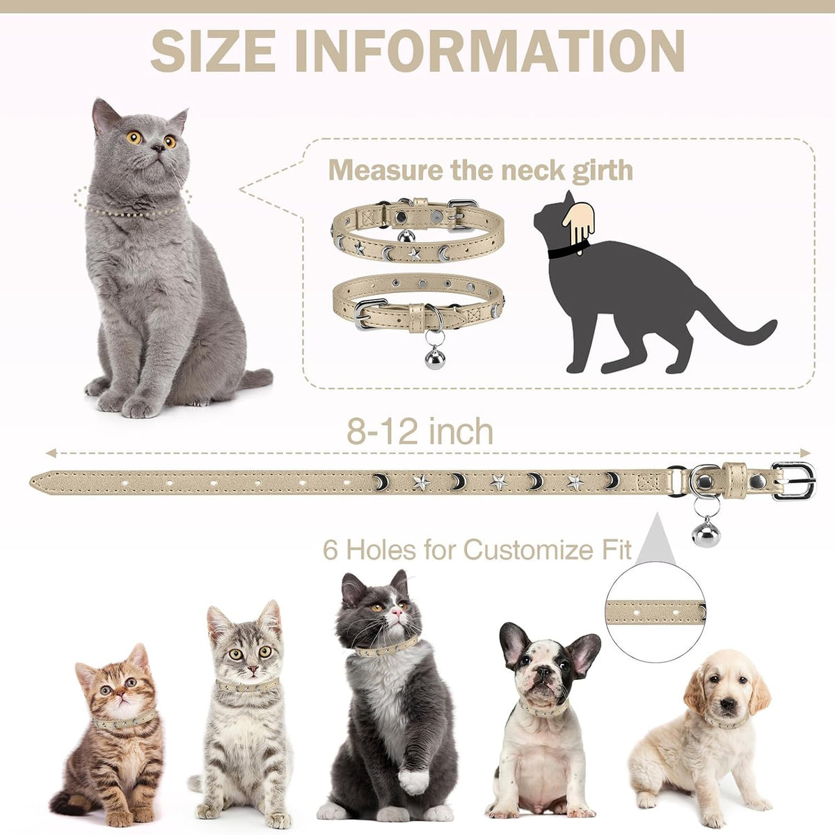 Leather Cat Collar, Breakaway Kitten Collars with Bell, Golden