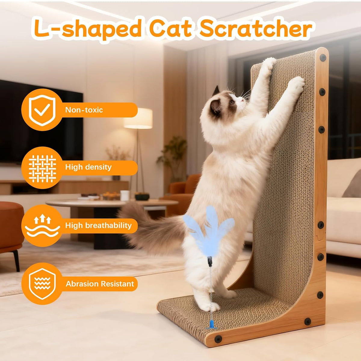Goosheep Cat Scratching Post, 3-in1 Cat Scratcher for Indoor Cats, 2PK 22in L-Shaped Scratching Board with 1PK Cardboard Box Scratch Pad, Cats Scratch Furniture Protector with Feathered Toy