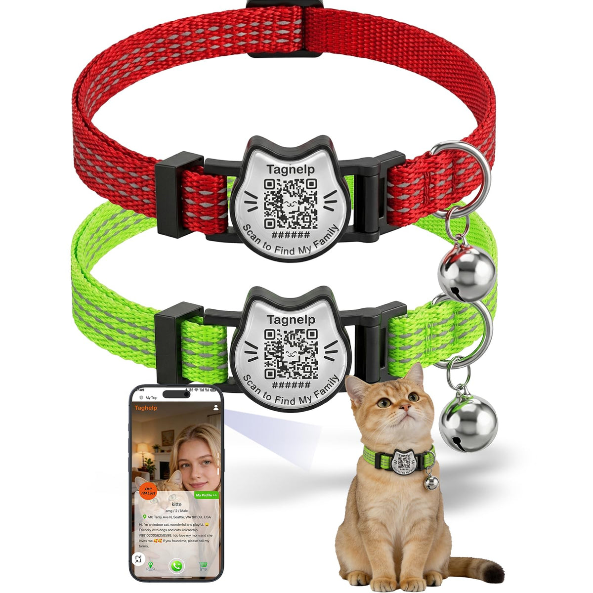 Breakaway Cat Collar with QR Code Tag and Bell (Black & Rose red)