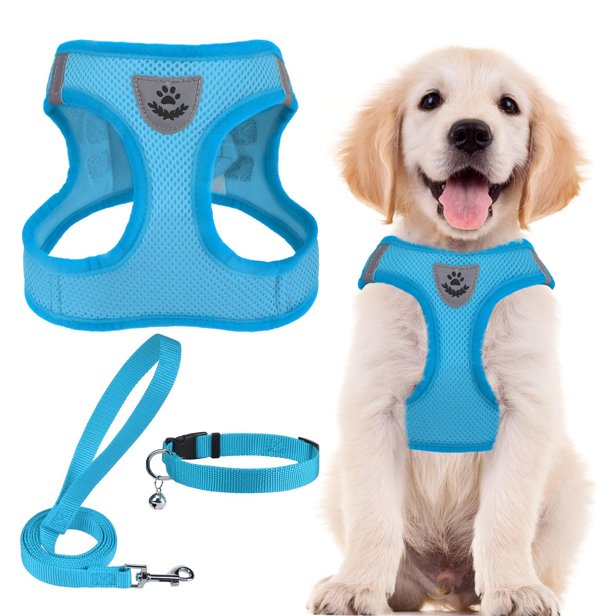 PUPTECK Adjustable Pet Harness Collar &Leash Set Step in for Small Dogs Puppy &Cats Outdoor Training &Running, Soft Mesh Padded Reflective Vest Harness,M: Chest girth: 16-18in Collar: 11.8-15.7in