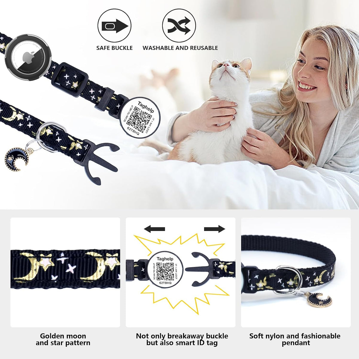 2 Pack Airtag Cat Collar, Breakaway Cat Airtag with Smart ID tag & QR Code Reflective (Moon Stars - Black & Pink, with Integrated AirTag Holder)