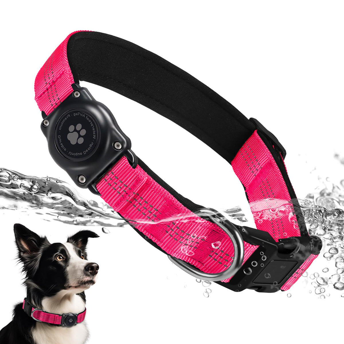 Upgrade Dog Collar with AirTag Holder, IP68 Waterproof, Black, S