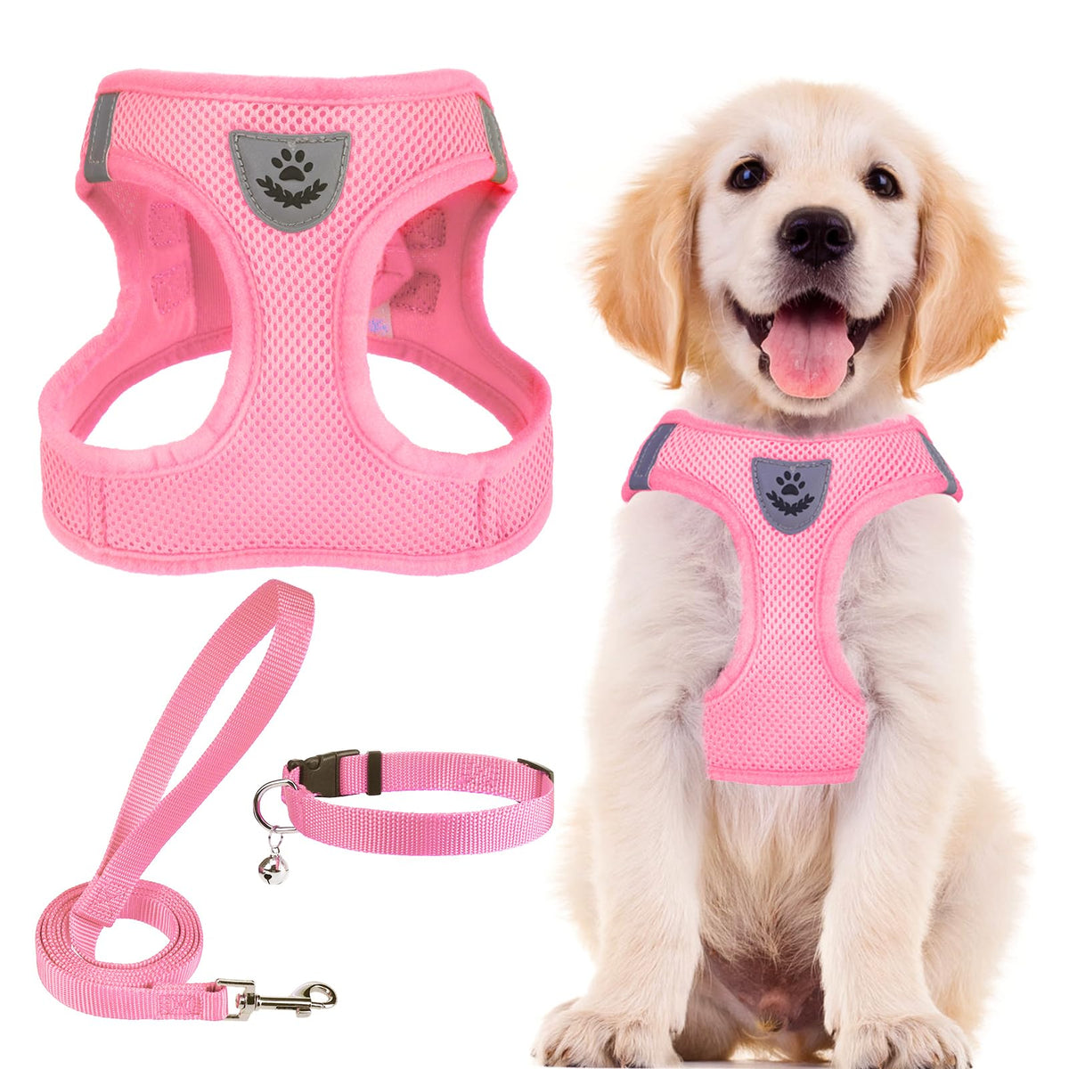 PUPTECK Adjustable Pet Harness Collar &Leash Set Step in for Small Dogs Puppy &Cats Outdoor Training &Running, Soft Mesh Padded Reflective Vest Harness,M: Chest girth: 16-18in Collar: 11.8-15.7in